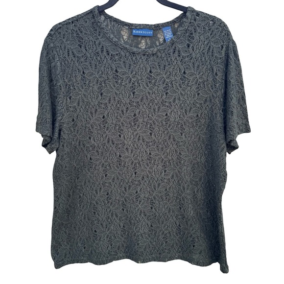 Karen Scott Tops - Karen Scott Vintage Womens Green Floral‎ Lace Short Sleeve Crew Neck Top Large
